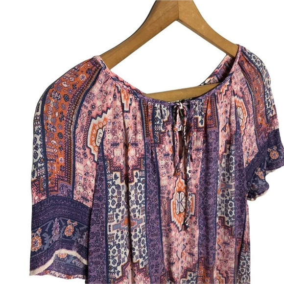 LUCKY BRAND Paisley Print Boho Rayon Short Sleeve Blouse - Picture 3 of 7